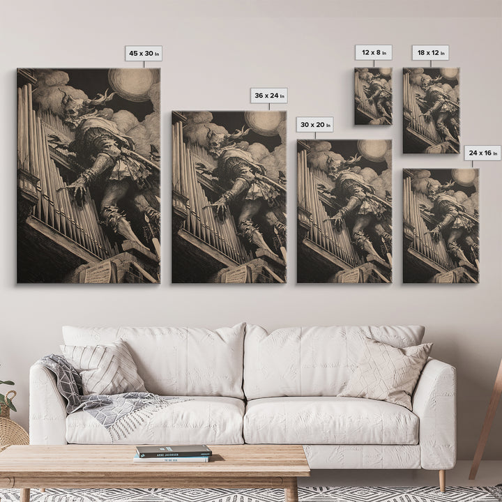 The Phantom Organist, Renaissance Engraving Art, Vertical Wall Art, Macabre Wall Art, Canvas Print, Halloween Wall Art, Statement Wall Art