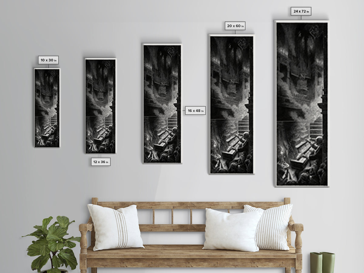 The Phantom Organist, Architectural Etching Art, Tall Narrow Wall Art, Macabre Wall Art, Canvas Print, Halloween Wall Art
