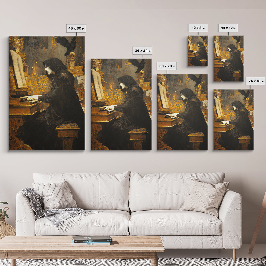 The Phantom Organist, Ornate Symbolist Art, Vertical Wall Art, Dark Fantasy Wall Art, Framed Canvas Print, Halloween Wall Art