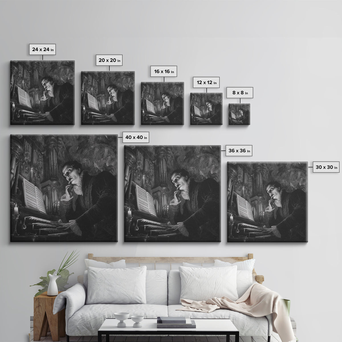 The Phantom Organist, Dark Symbolist Art, Square Wall Art, Dark Halloween Decor, Framed Canvas Print, Halloween Wall Art
