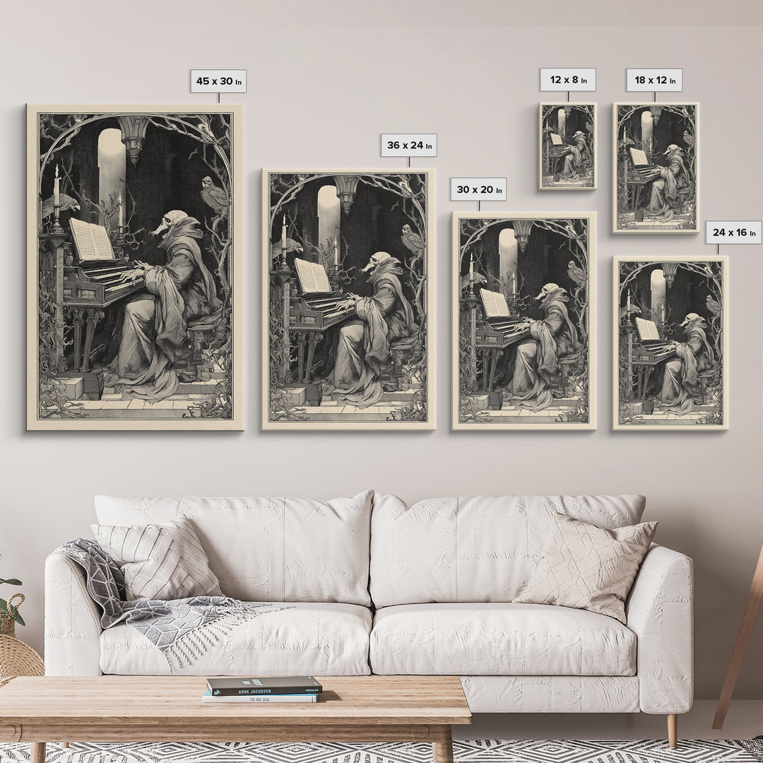 The Phantom Organist, Symbolist Etching Art, Vertical Wall Art, Dark Fantasy Wall Art, Framed Canvas Print, Halloween Wall Art