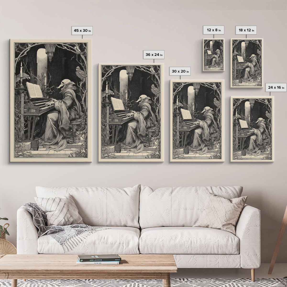 The Phantom Organist, Symbolist Etching Art, Vertical Wall Art, Dark Fantasy Wall Art, Framed Canvas Print, Halloween Wall Art