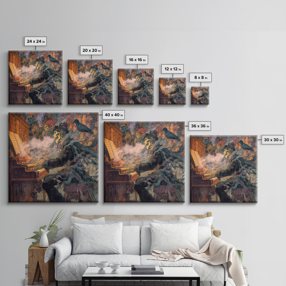 The Phantom Organist, Grotesque Carnival Art, Square Wall Art, Gothic Horror Wall Art, Framed Canvas Print, Halloween Wall Art