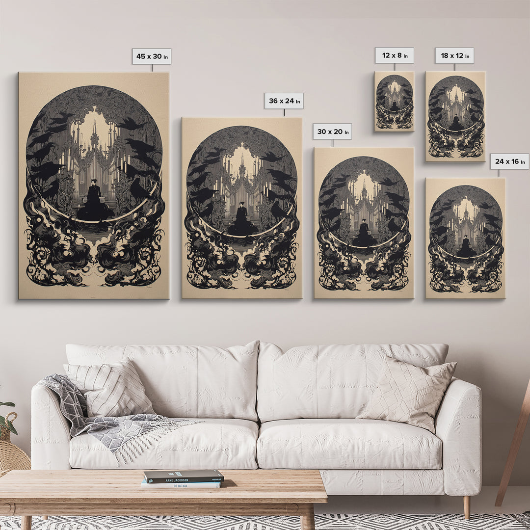 The Phantom Organist, Decadent Line Art, Vertical Wall Art, Gothic Horror Wall Art, Framed Canvas Print, Halloween Wall Art
