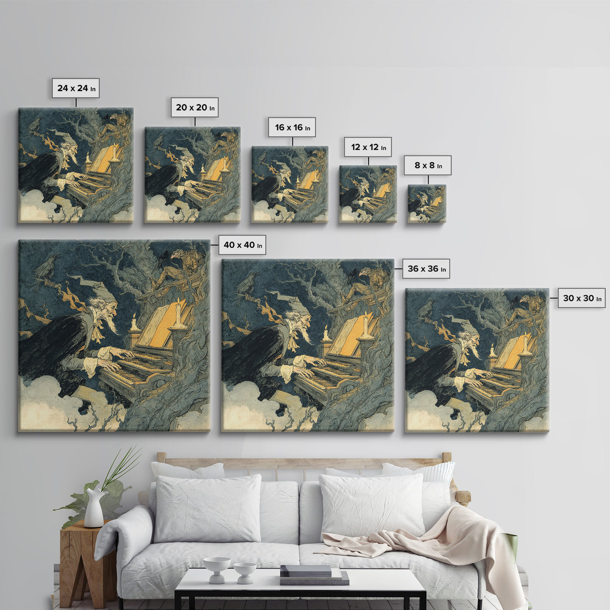 The Phantom Organist, Gothic Storybook Art, Square Wall Art, Dark Halloween Decor, Framed Canvas Print, Halloween Wall Art