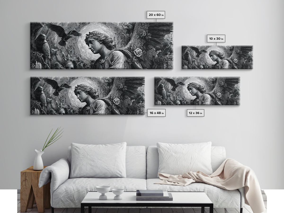 The Weeping Cemetery Angel, Renaissance Engraving Art, Extra Wide Wall Art, Dark Fantasy Wall Art, Canvas Print, Halloween Wall Art