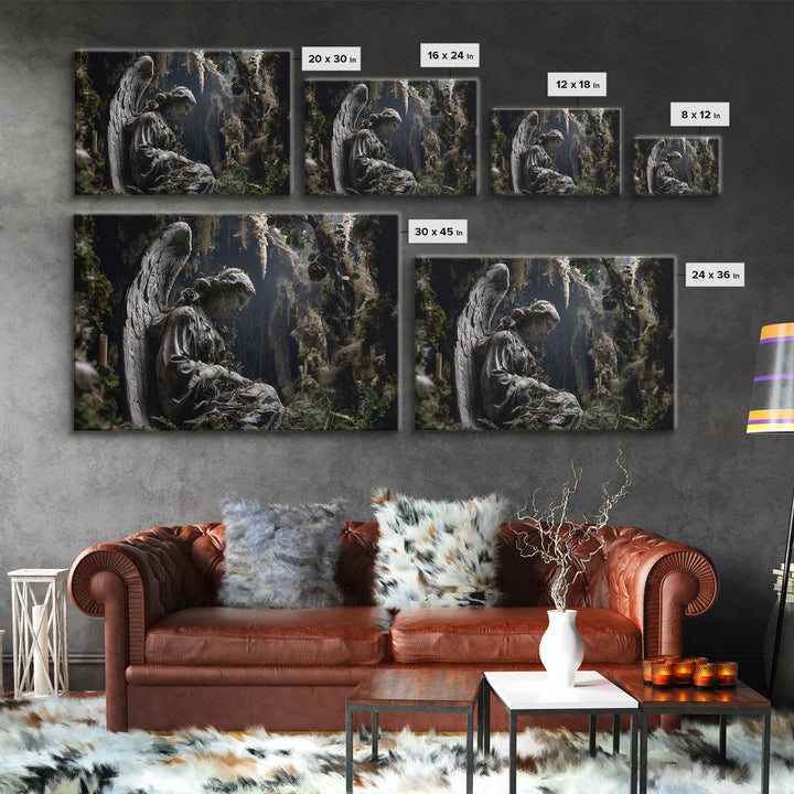The Weeping Cemetery Angel, Baroque Witchcraft Art, Landscape Wall Art, Dark Halloween Decor, Canvas Print, Halloween Wall Art