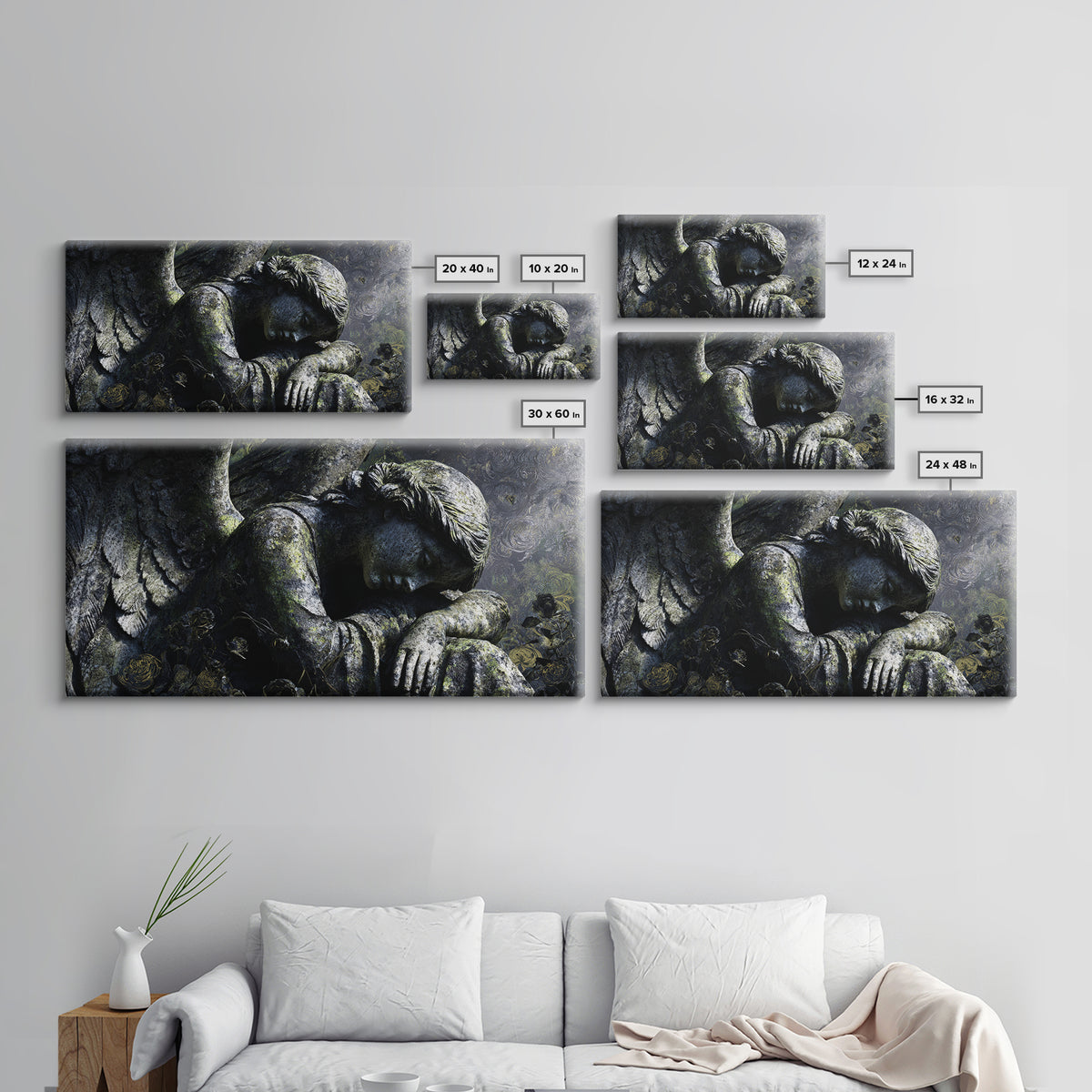 The Weeping Cemetery Angel, Visionary Gothic Art, Wide Panoramic Art, Macabre Wall Art, Framed Canvas Print, Halloween Wall Art