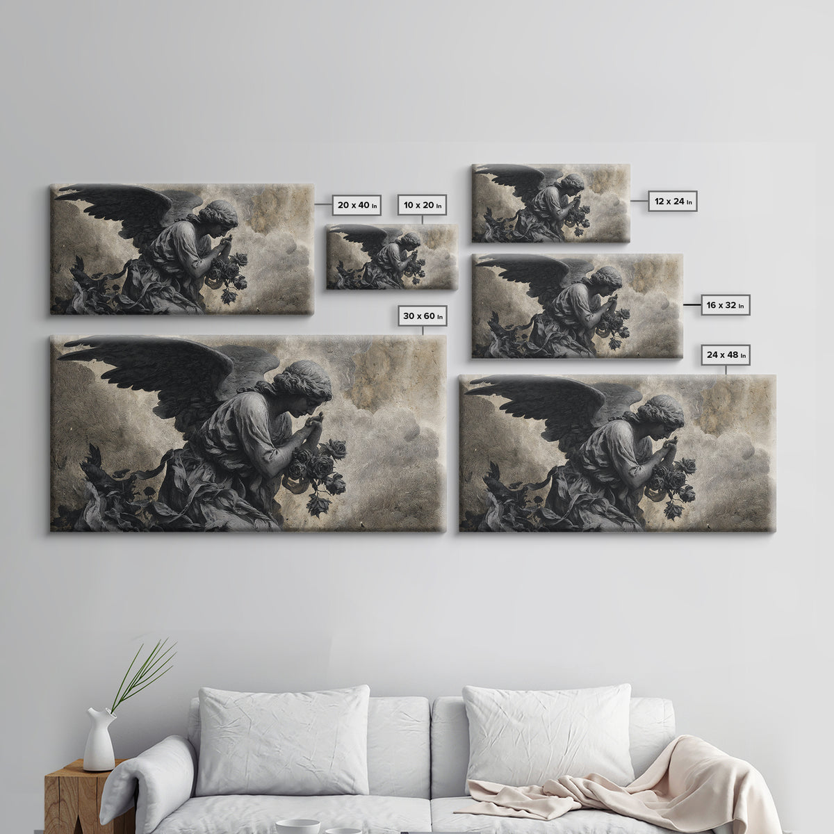 The Weeping Cemetery Angel, Expressionist Nightmare Art, Wide Panoramic Art, Gothic Horror Wall Art, Framed Canvas Print, Halloween Wall Art