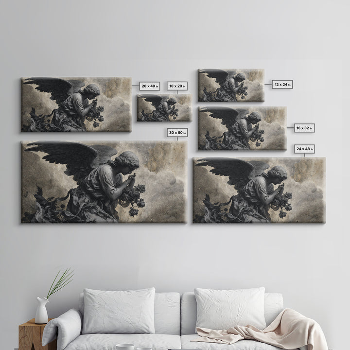 The Weeping Cemetery Angel, Expressionist Nightmare Art, Wide Panoramic Art, Gothic Horror Wall Art, Framed Canvas Print, Halloween Wall Art