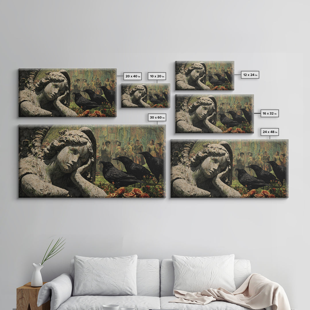 The Weeping Cemetery Angel, Grotesque Carnival Art, Wide Panoramic Art, Dark Halloween Decor, Framed Canvas Print, Halloween Wall Art