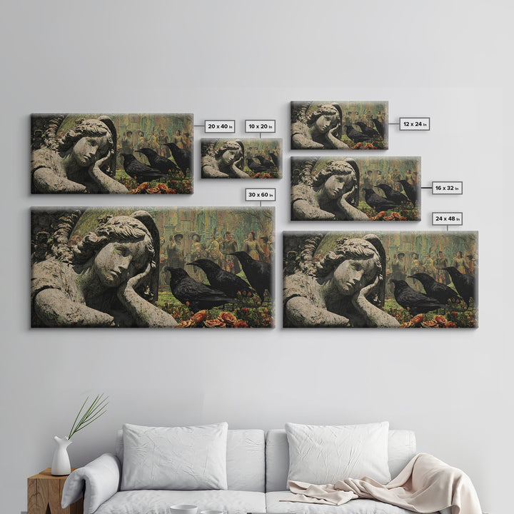 The Weeping Cemetery Angel, Grotesque Carnival Art, Wide Panoramic Art, Dark Halloween Decor, Framed Canvas Print, Halloween Wall Art