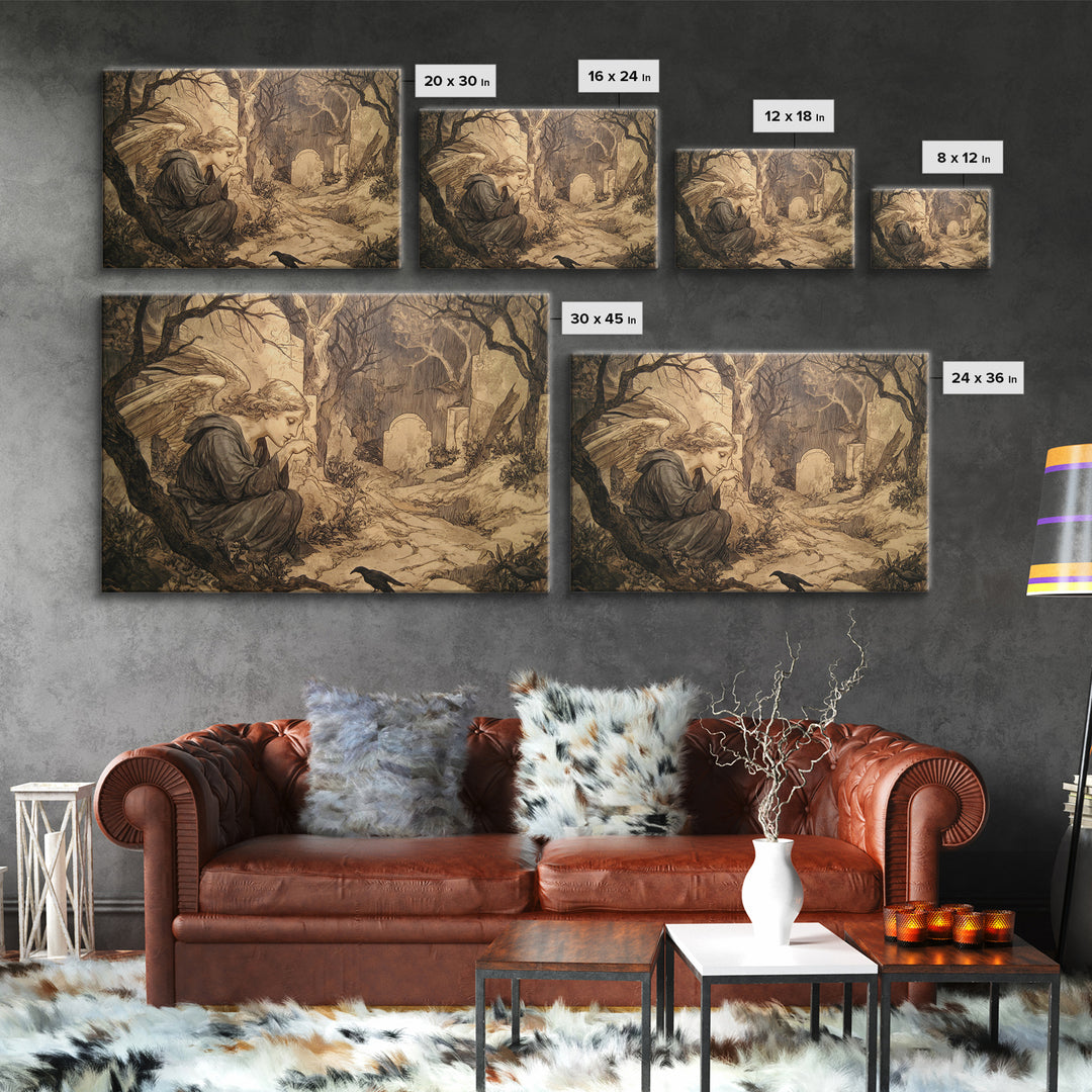 The Weeping Cemetery Angel, Gothic Storybook Art, Landscape Wall Art, Dark Fantasy Wall Art, Canvas Print, Halloween Wall Art