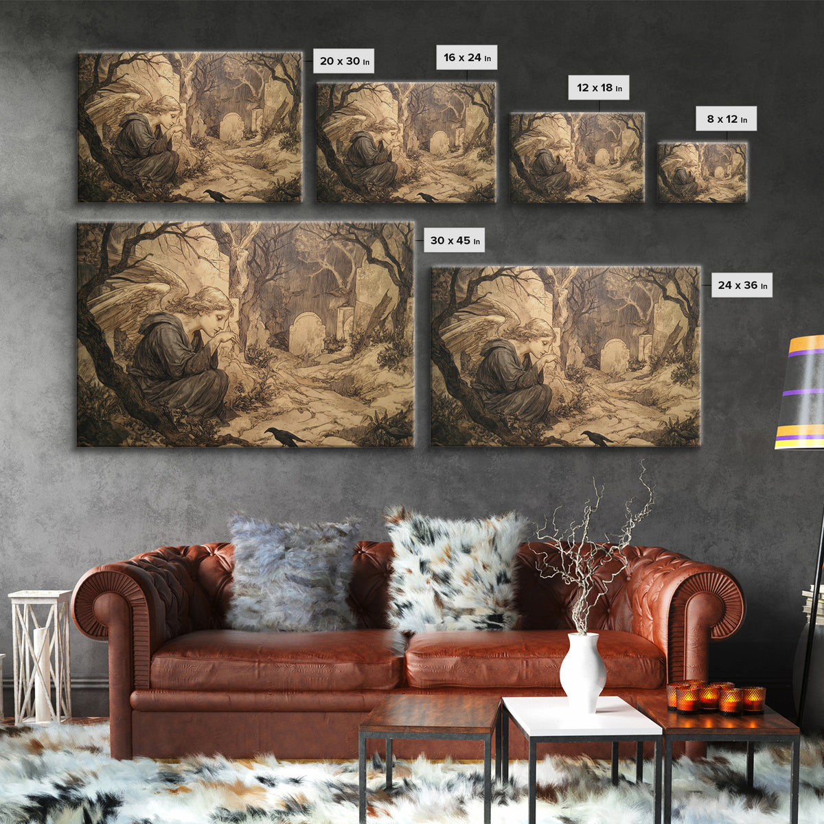 The Weeping Cemetery Angel, Gothic Storybook Art, Landscape Wall Art, Dark Fantasy Wall Art, Canvas Print, Halloween Wall Art