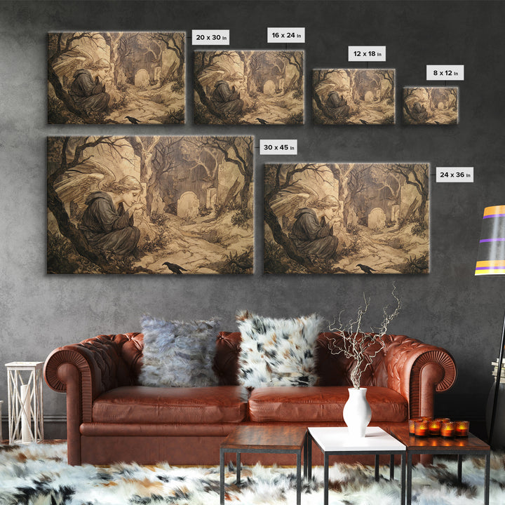 The Weeping Cemetery Angel, Gothic Storybook Art, Landscape Wall Art, Dark Fantasy Wall Art, Canvas Print, Halloween Wall Art