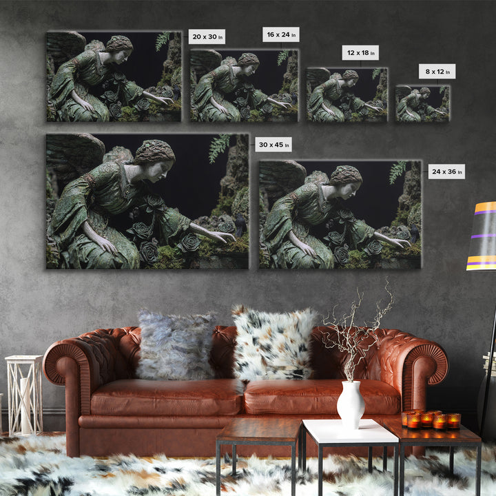 The Weeping Cemetery Angel, Stained Glass Gothic Art, Landscape Wall Art, Dark Fantasy Wall Art, Framed Canvas Print, Halloween Wall Art