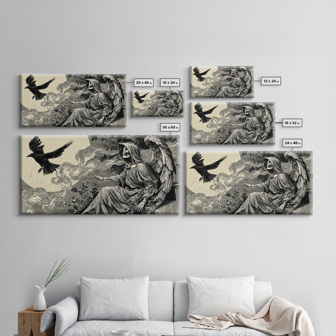 The Weeping Cemetery Angel, Macabre Folk Print Art, Wide Panoramic Art, Macabre Wall Art, Canvas Print, Halloween Wall Art
