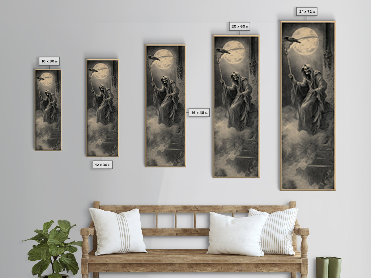 The Fog-Bound Reaper, Gothic Engraving Art, Tall Narrow Wall Art, Dark Halloween Decor, Framed Canvas Print, Halloween Wall Art