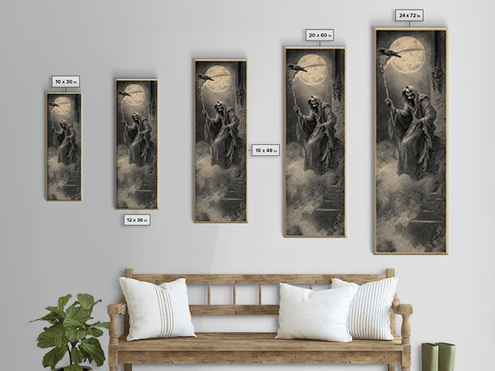 The Fog-Bound Reaper, Gothic Engraving Art, Tall Narrow Wall Art, Dark Halloween Decor, Framed Canvas Print, Halloween Wall Art
