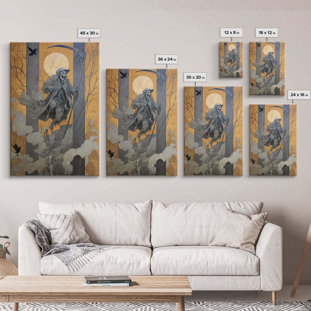 The Fog-Bound Reaper, Danse Macabre Art, Vertical Wall Art, Gothic Horror Wall Art, Framed Canvas Print