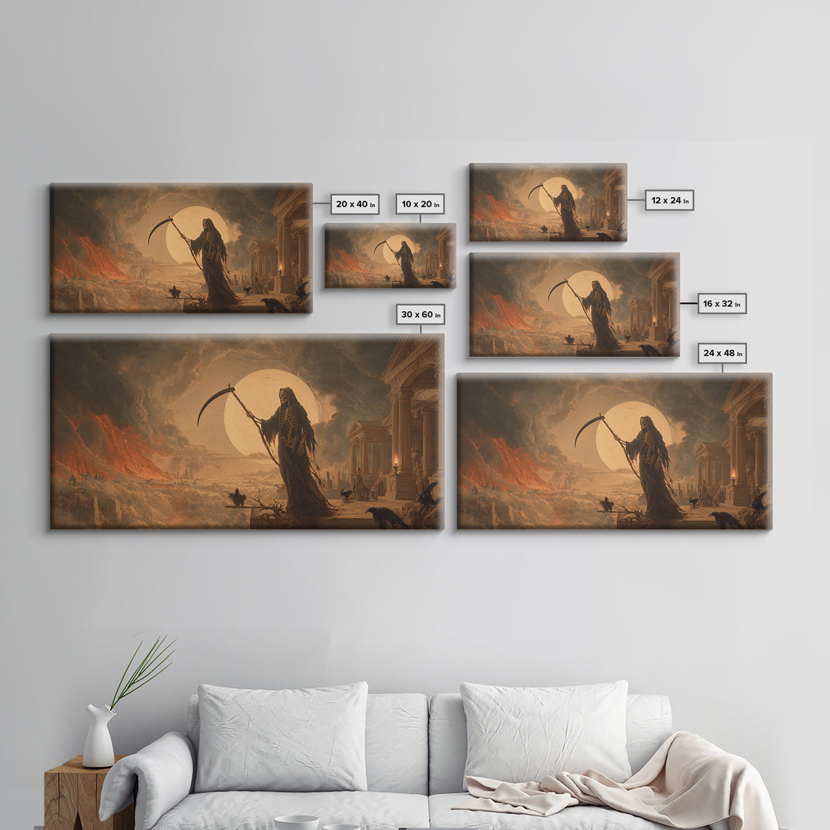 The Fog-Bound Reaper, Apocalyptic Romantic Art, Wide Panoramic Art, Macabre Wall Art, Canvas Print, Halloween Wall Art, Halloween Decor