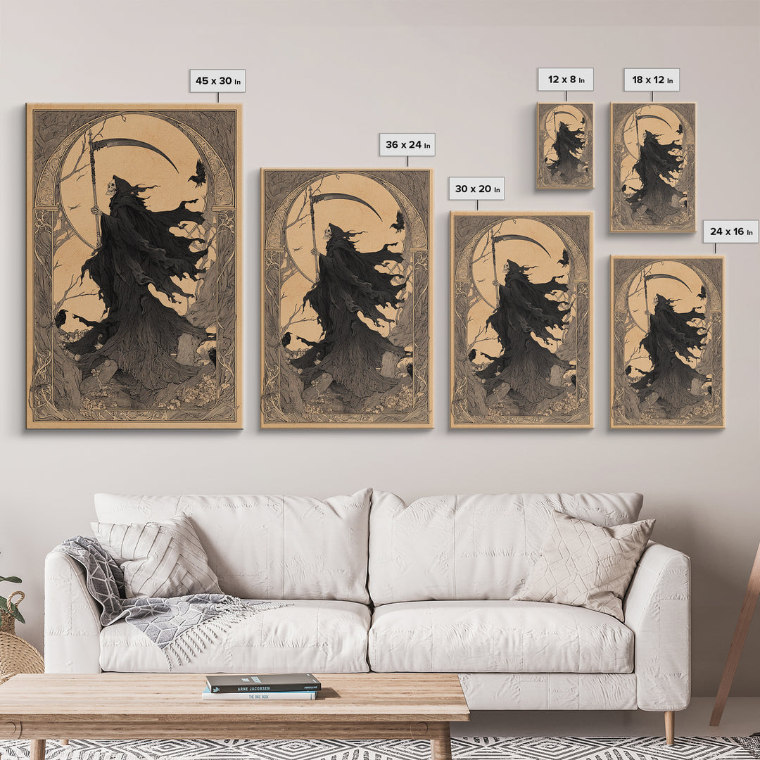 The Fog-Bound Reaper, Decadent Line Art, Vertical Wall Art, Gothic Horror Wall Art, Canvas Print, Halloween Wall Art