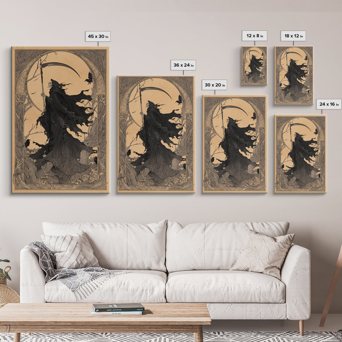 The Fog-Bound Reaper, Decadent Line Art, Vertical Wall Art, Gothic Horror Wall Art, Canvas Print, Halloween Wall Art
