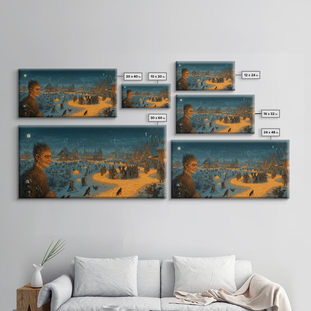 The Candlewax Man, Northern Renaissance Horror, Wide Panoramic Art, Dark Fantasy Wall Art, Framed Canvas Print, Halloween Wall Art