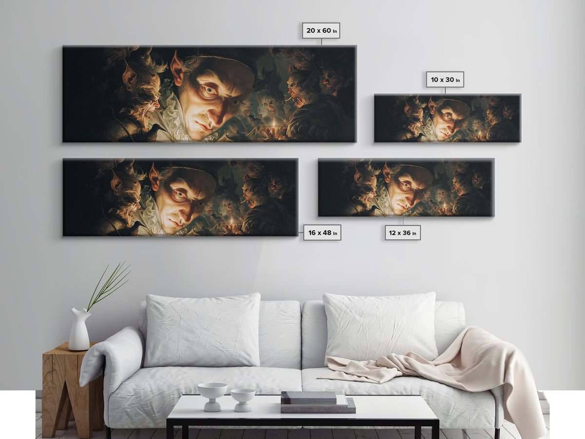 The Mirror Spirit, Medieval Grotesque Art, Extra Wide Wall Art, Dark Halloween Decor, Framed Canvas Print, Halloween Wall Art