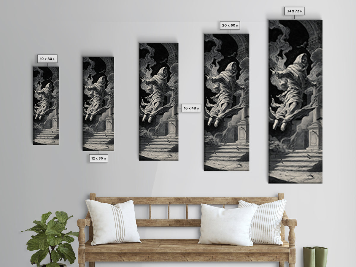 The Mirror Spirit, Architectural Etching Art, Tall Narrow Wall Art, Dark Halloween Decor, Canvas Print, Halloween Wall Art