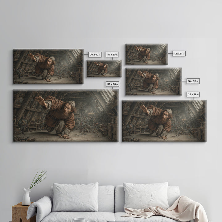 The Attic Whisperer, Northern Renaissance Horror, Wide Panoramic Art, Dark Fantasy Wall Art, Framed Canvas Print