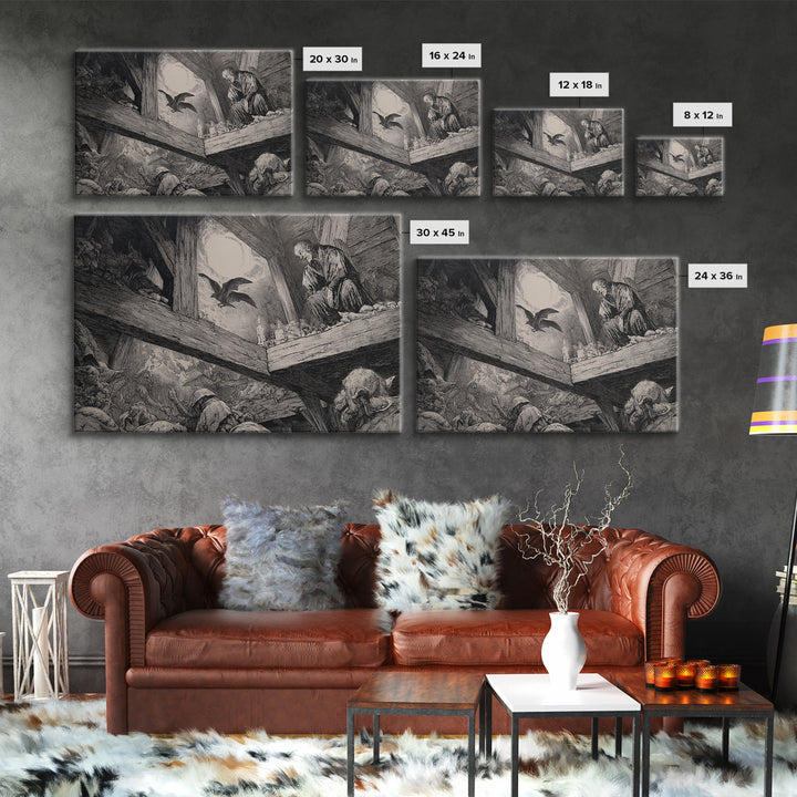 The Attic Whisperer, Renaissance Engraving Art, Landscape Wall Art, Macabre Wall Art, Canvas Print, Halloween Wall Art, Spooky Wall Decor