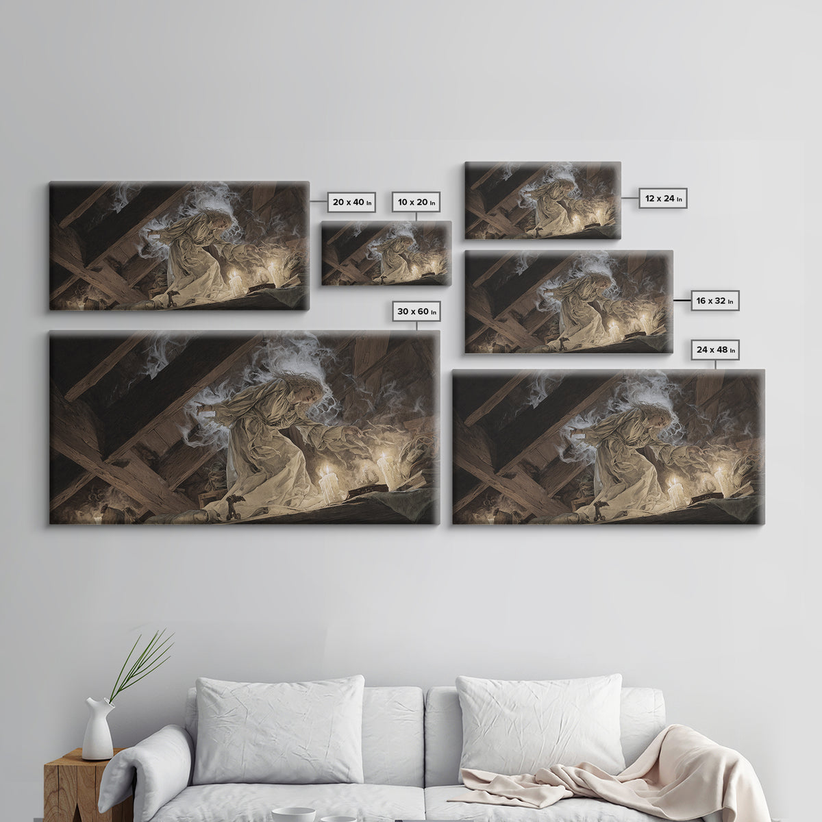 The Attic Whisperer, Visionary Gothic Art, Wide Panoramic Art, Dark Fantasy Wall Art, Framed Canvas Print, Halloween Wall Art