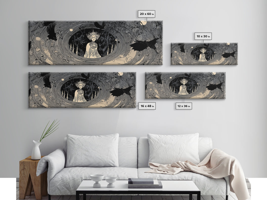 The Attic Whisperer, Decadent Line Art, Extra Wide Wall Art, Macabre Wall Art, Framed Canvas Print, Halloween Wall Art