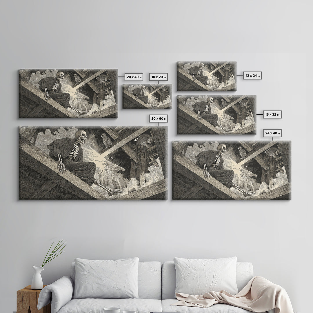 The Attic Whisperer, Macabre Folk Print Art, Wide Panoramic Art, Dark Halloween Decor, Framed Canvas Print, Halloween Wall Art
