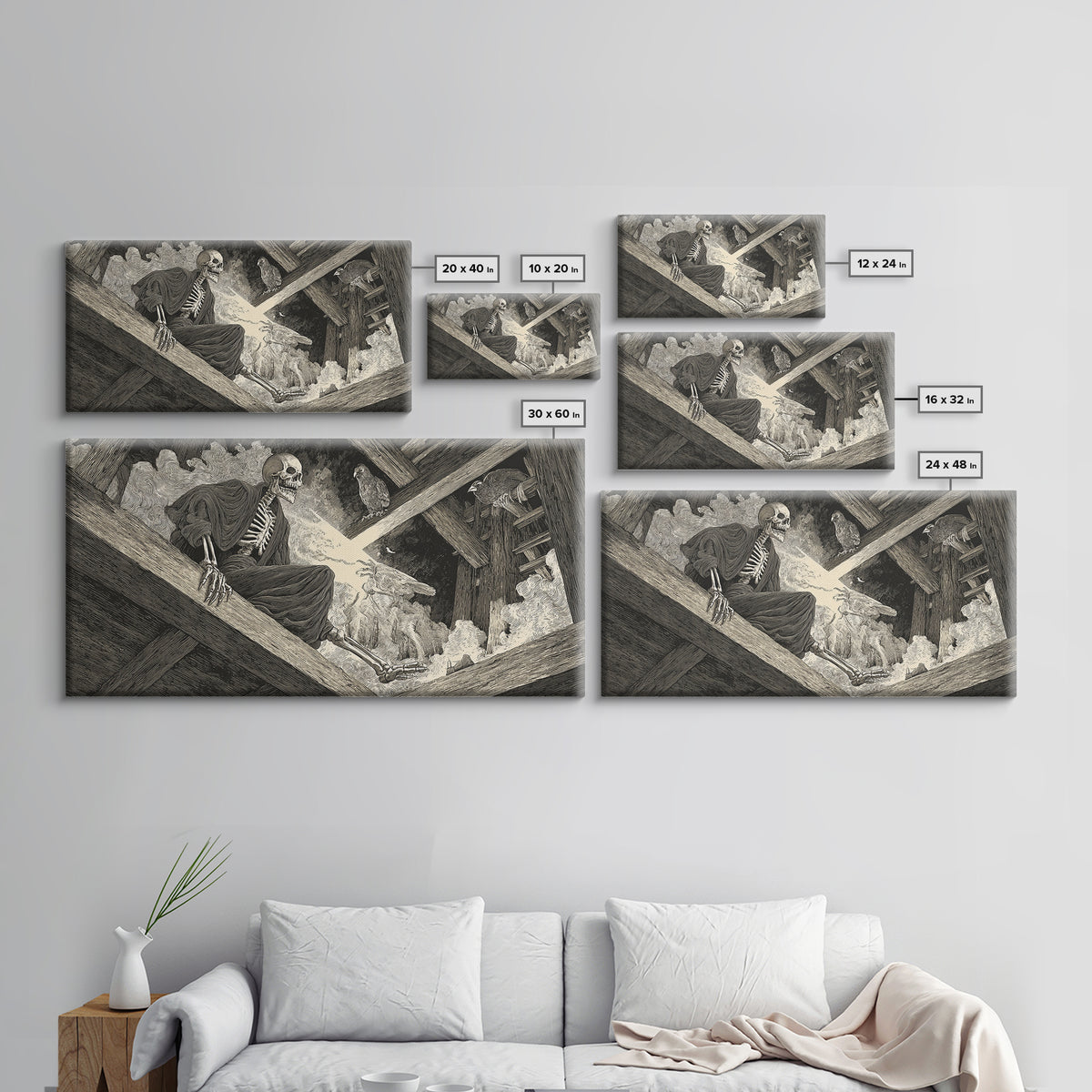 The Attic Whisperer, Macabre Folk Print Art, Wide Panoramic Art, Dark Halloween Decor, Framed Canvas Print, Halloween Wall Art