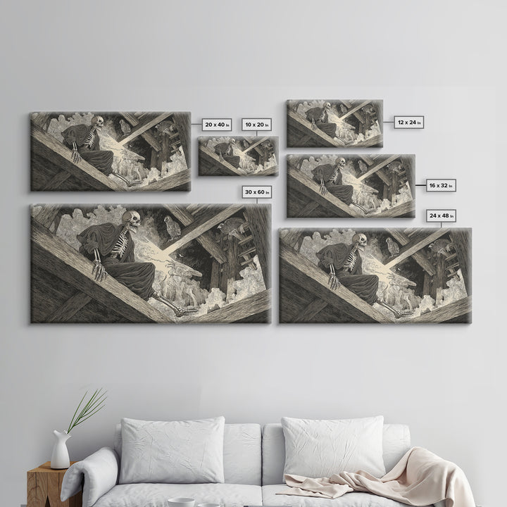 The Attic Whisperer, Macabre Folk Print Art, Wide Panoramic Art, Dark Halloween Decor, Framed Canvas Print, Halloween Wall Art