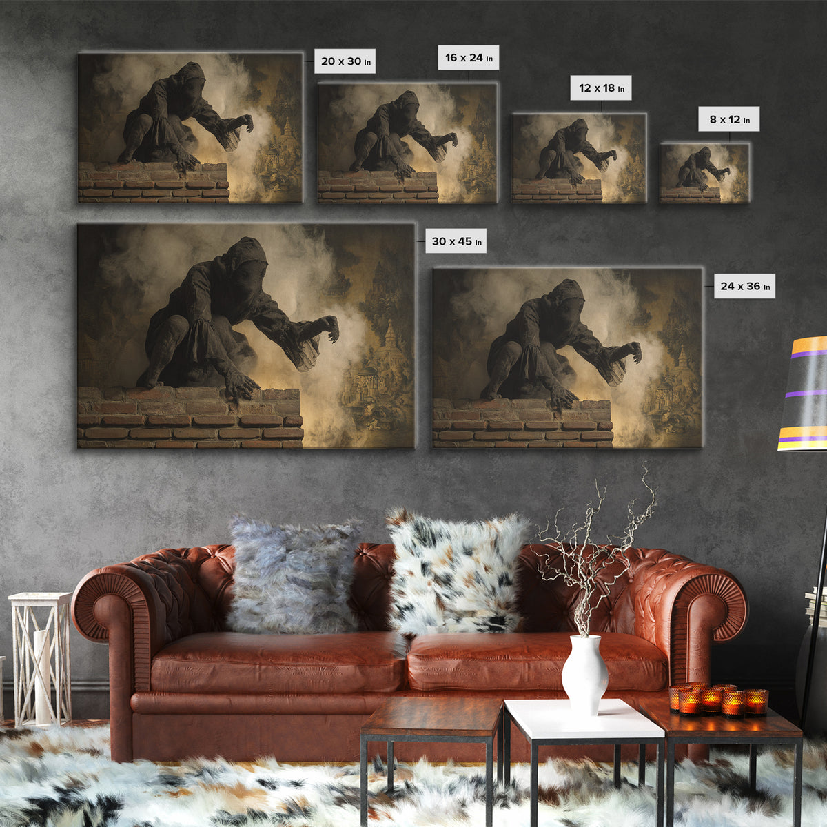 The Chimney Phantom, Medieval Grotesque Art, Landscape Wall Art, Gothic Horror Wall Art, Framed Canvas Print, Halloween Wall Art