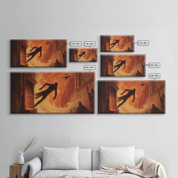 The Chimney Phantom, Apocalyptic Romantic Art, Wide Panoramic Art, Macabre Wall Art, Framed Canvas Print, Halloween Wall Art