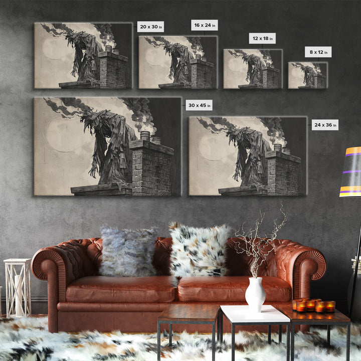 The Chimney Phantom, Expressionist Nightmare Art, Landscape Wall Art, Dark Halloween Decor, Canvas Print, Halloween Wall Art