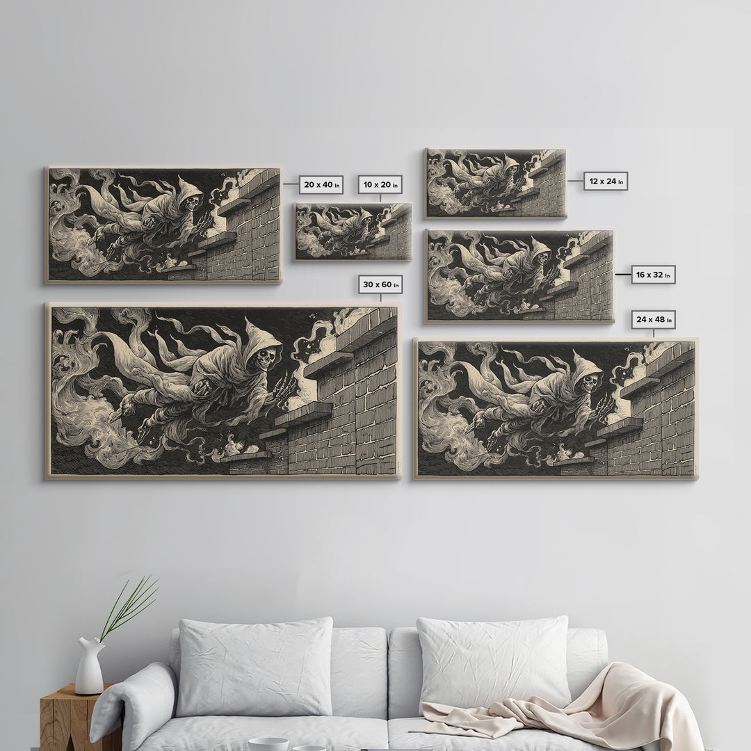 The Chimney Phantom, Macabre Folk Print Art, Wide Panoramic Art, Macabre Wall Art, Framed Canvas Print, Halloween Wall Art