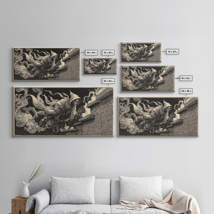 The Chimney Phantom, Macabre Folk Print Art, Wide Panoramic Art, Macabre Wall Art, Framed Canvas Print, Halloween Wall Art
