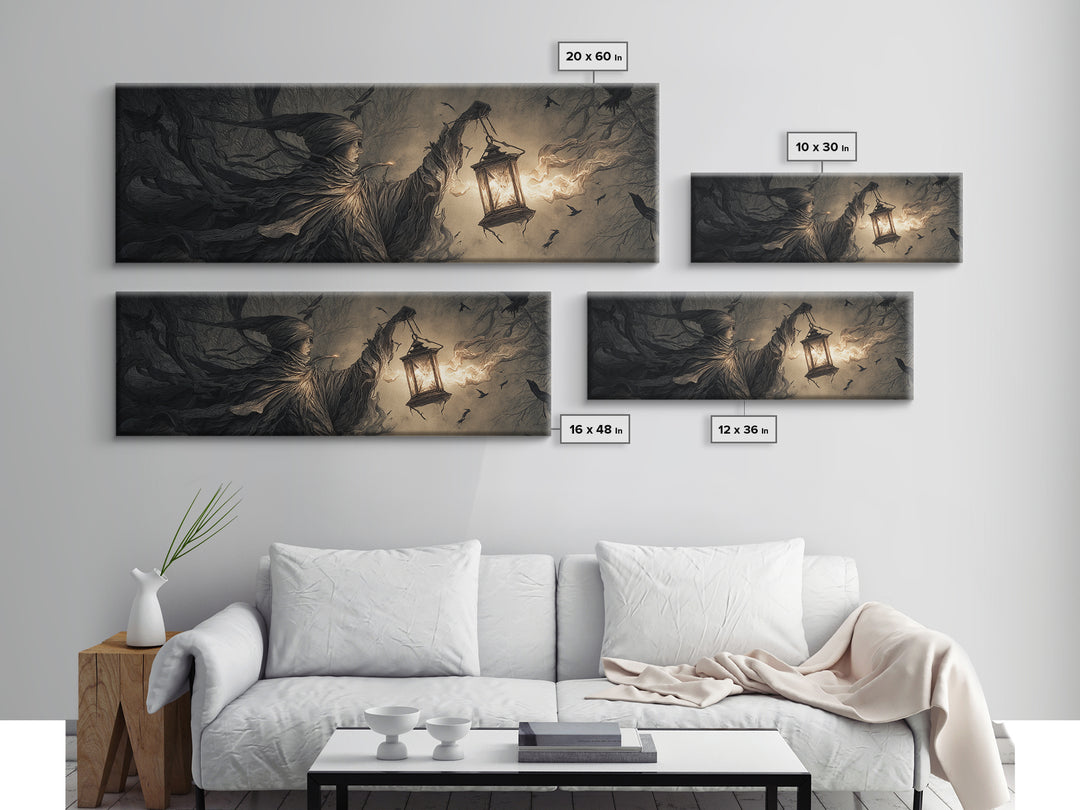The Lantern Specter, Medieval Grotesque Art, Extra Wide Wall Art, Macabre Wall Art, Framed Canvas Print, Halloween Wall Art