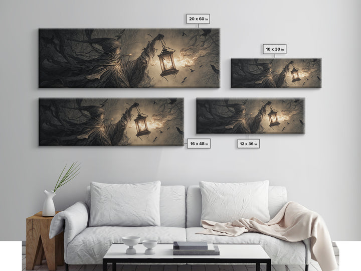 The Lantern Specter, Medieval Grotesque Art, Extra Wide Wall Art, Macabre Wall Art, Framed Canvas Print, Halloween Wall Art