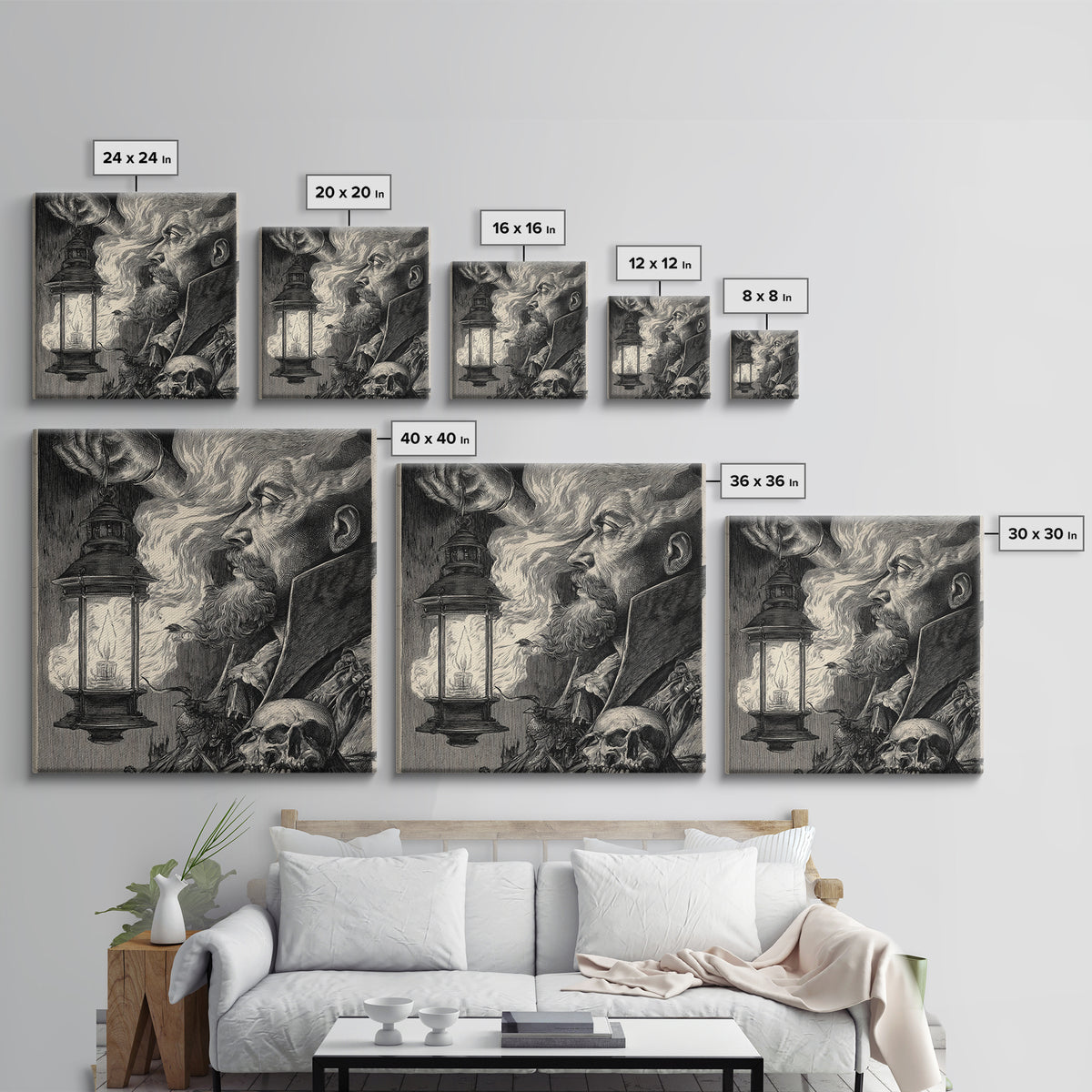 The Lantern Specter, Renaissance Engraving Art, Square Wall Art, Macabre Wall Art, Canvas Print, Halloween Wall Art, Horror Wall Art