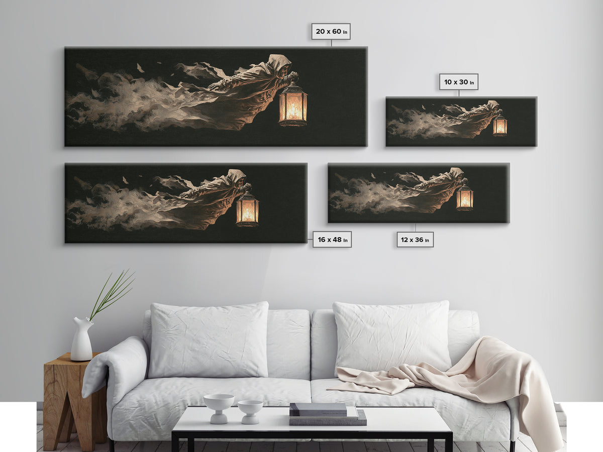 The Lantern Specter, Dark Romantic Horror Art, Extra Wide Wall Art, Dark Fantasy Wall Art, Canvas Print, Halloween Wall Art