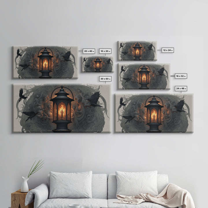 The Lantern Specter, Visionary Gothic Art, Wide Panoramic Art, Dark Fantasy Wall Art, Framed Canvas Print, Halloween Wall Art
