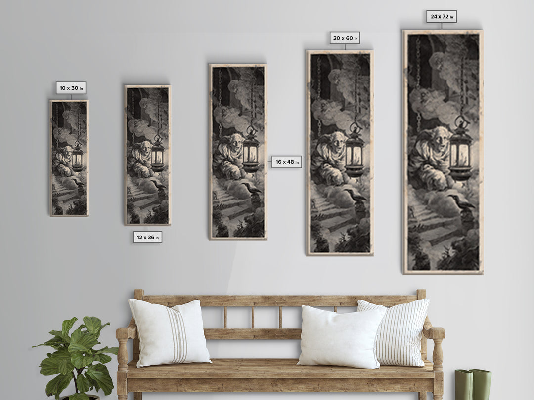 The Lantern Specter, Architectural Etching Art, Tall Narrow Wall Art, Dark Fantasy Wall Art, Canvas Print, Halloween Wall Art