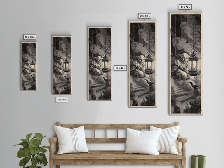 The Lantern Specter, Architectural Etching Art, Tall Narrow Wall Art, Dark Fantasy Wall Art, Canvas Print, Halloween Wall Art