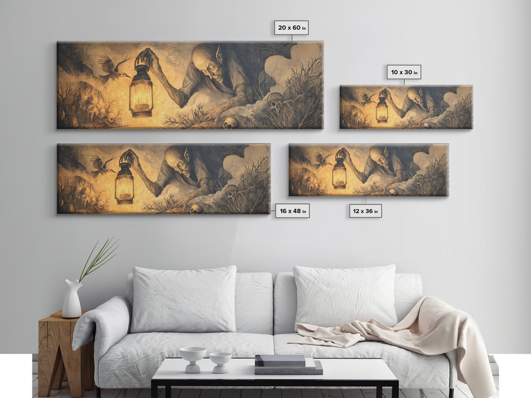 The Lantern Specter, Expressionist Nightmare Art, Extra Wide Wall Art, Macabre Wall Art, Framed Canvas Print, Halloween Wall Art
